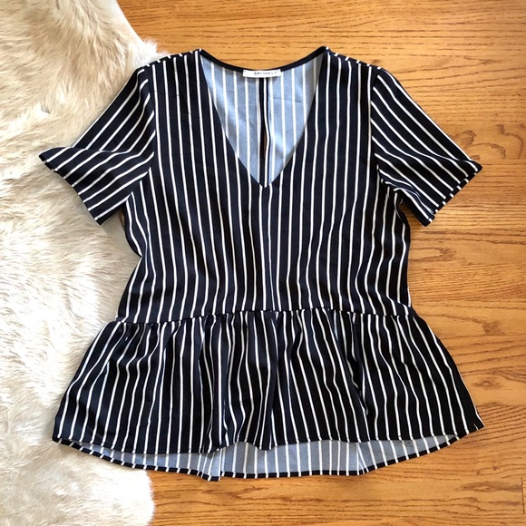 Black and White Striped Peplum Top - Picture 2 of 7